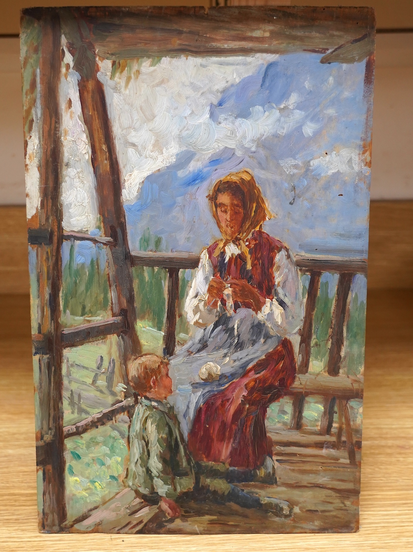 20th century Swiss School, oil on board, Study of a mother and child before mountains, indistinctly inscribed on reverse, 42 x 27cm, unframed. Condition - fair to good